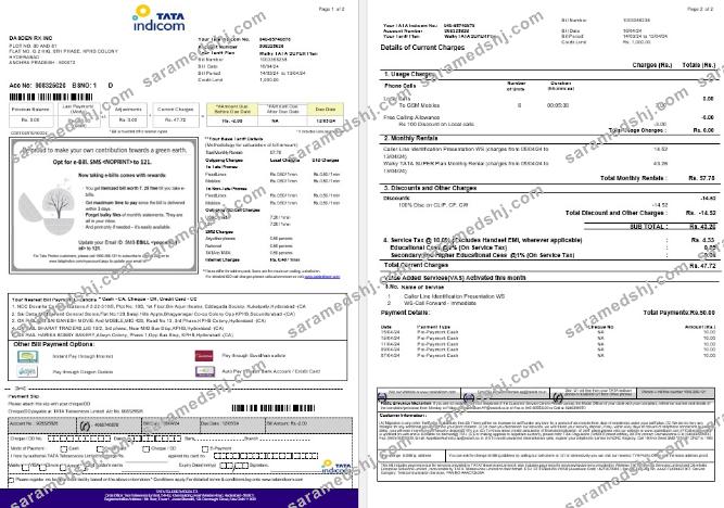India Tata Indicom mobile business utility bill template in Word and PDF format, 2 pages